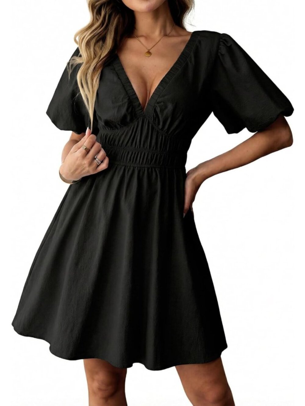 Summer Cotton Mini Dress with Deep V Neck, Puff Sleeves & Pockets - A-Line Style